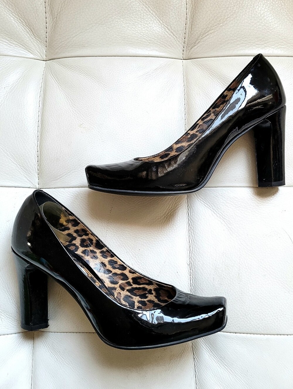 Black Patent Arnold Churgin Leather High Heel Pumps with Leopard Lining